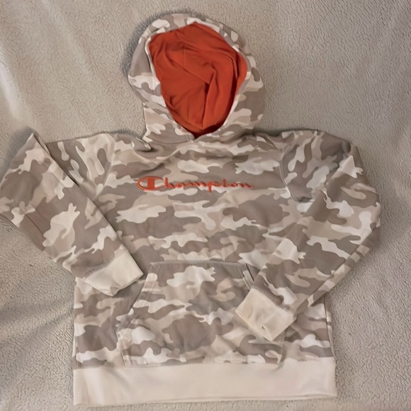 Boys: BROWN/CREAM/ORANGE CAMO HOODIE. Brand CHAMPION / size L. - Picture 1 of 1